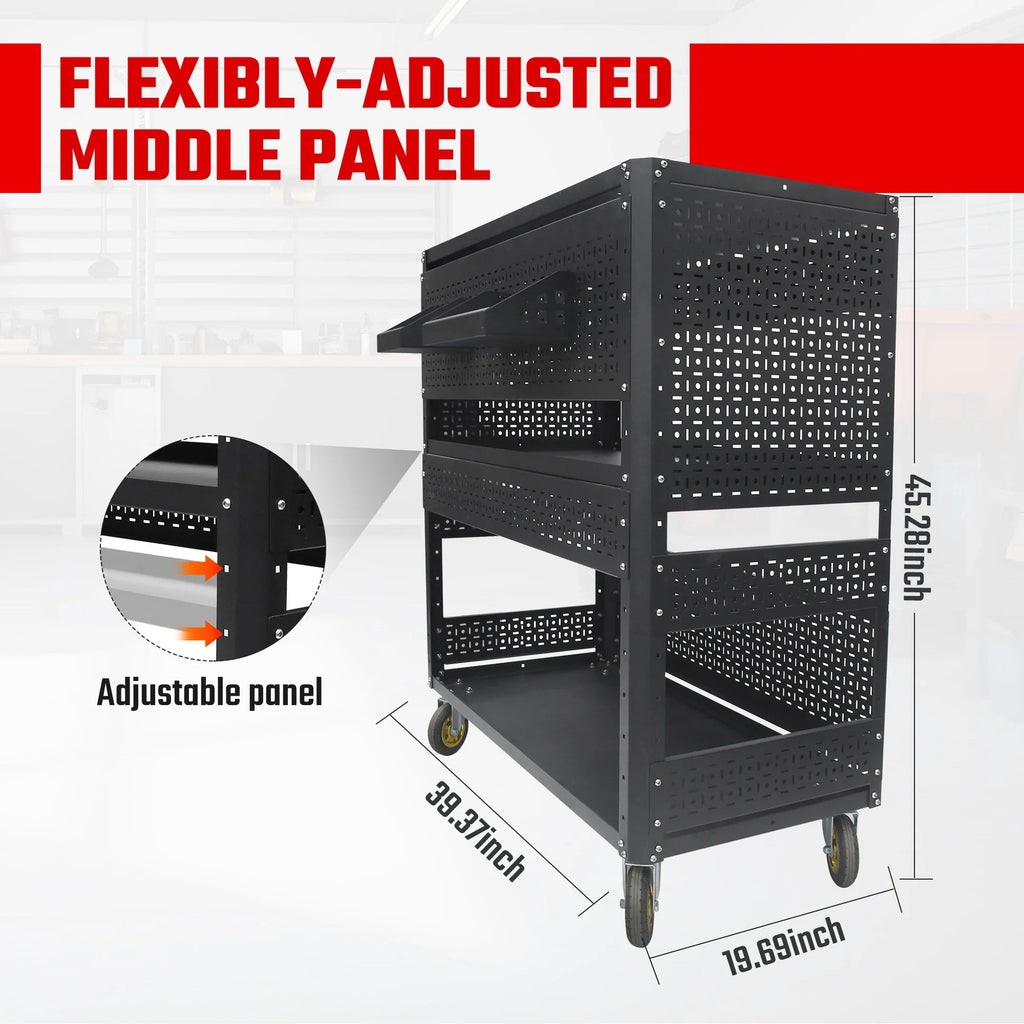3-Tier Adjustable Rolling Tool Cart | Garage & Workshop Organizer w/ Steel Pegboard