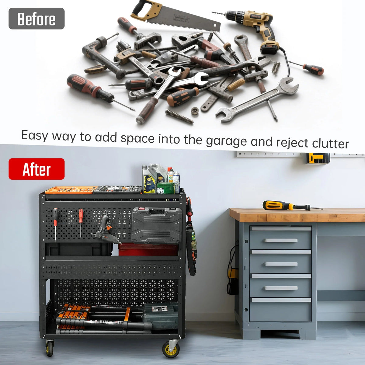 3-Tier Adjustable Rolling Tool Cart | Garage & Workshop Organizer w/ Steel Pegboard